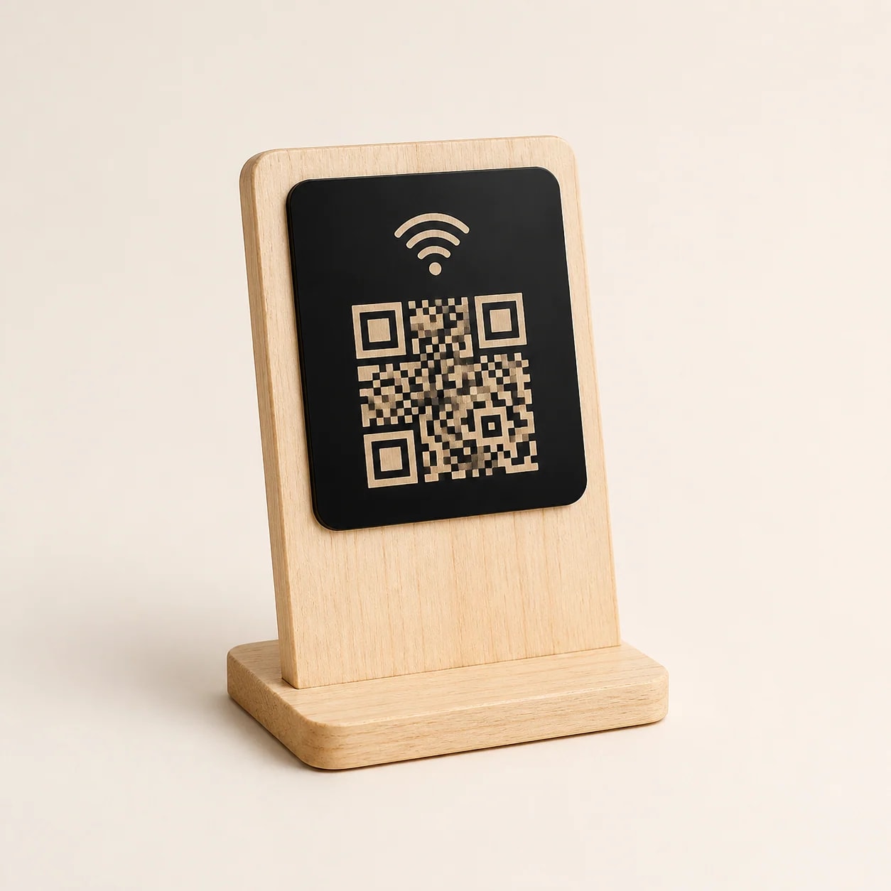 Stolní Wi-Fi QR stojánek z přírodního materiálu – ilustrační fotografie