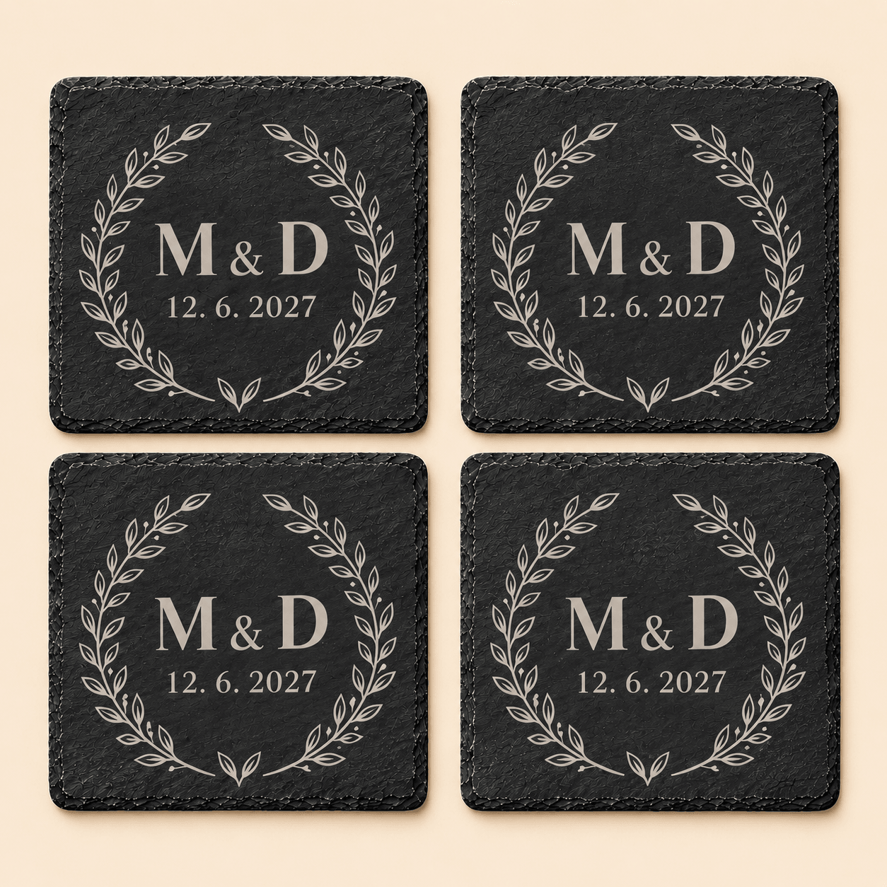 Čtyři břidlicové svatební podtácky s monogramem a datem