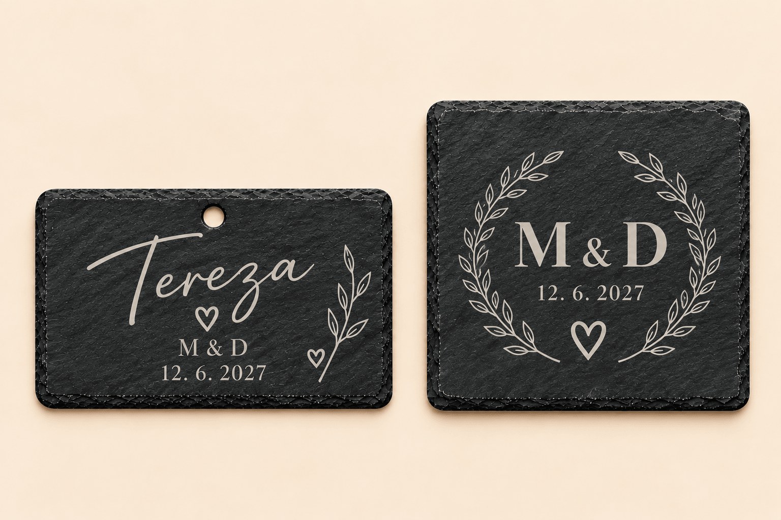 Svatební břidlicová jmenovka se jménem Tereza a podtácek s monogramem a datem